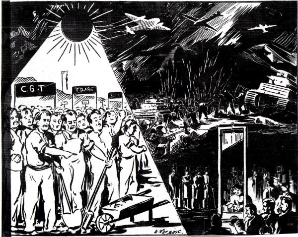 Ilustración aparecida en La Voz del Gráfico, publicación de la anarco-sindicalista Federación de Obreros de Imprenta, Santiago, Mayo de 1943